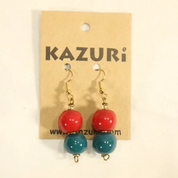 KAZURI Handmade Beaded Red and Green Earrings Sz OS - Picture 2 of 3